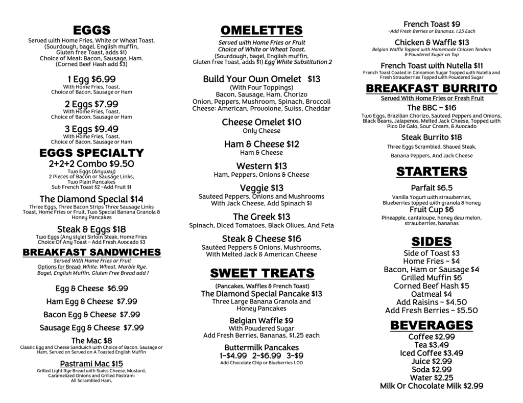 Diamond Cafe breakfast menu