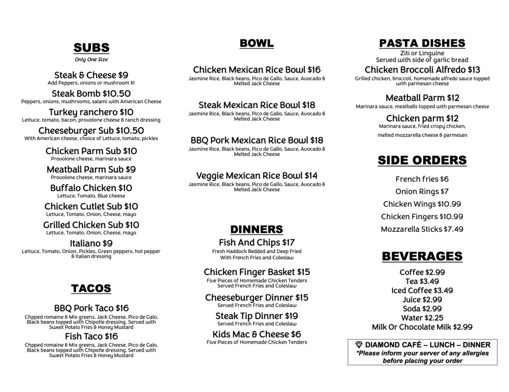 Diamond Cafe dinner menu