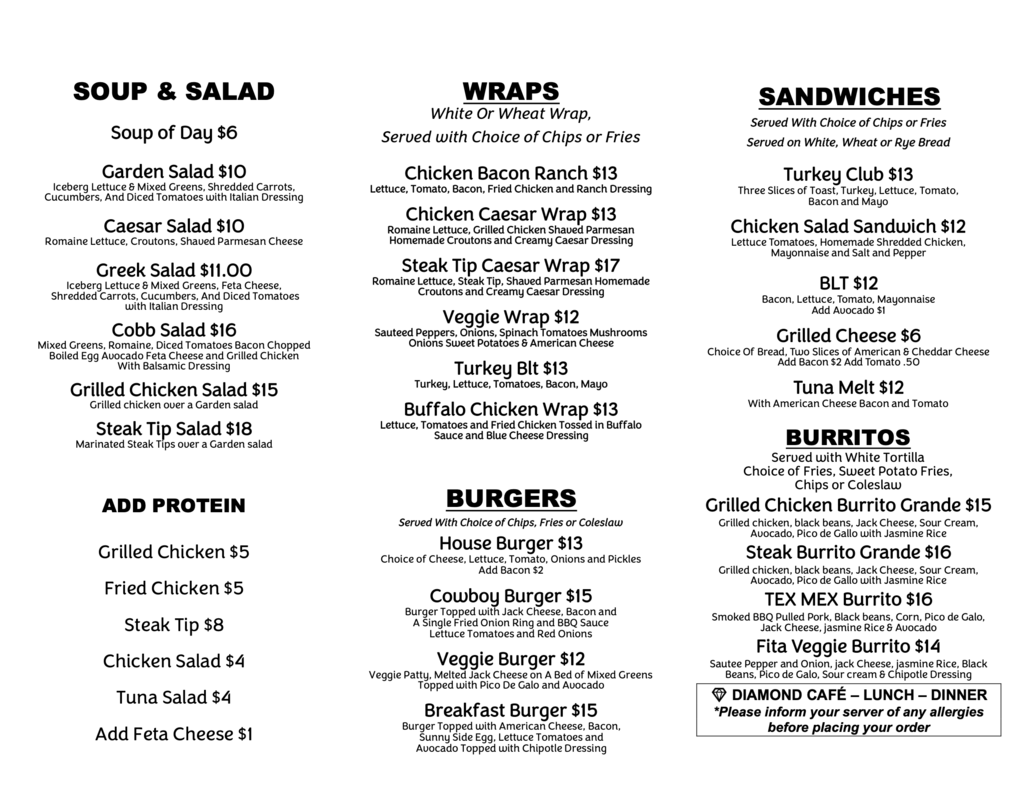 Diamond Cafe lunch menu